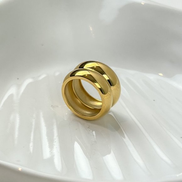 Stainless Steel Double Dome Ring Gold Plated Chunky Gold Ring Wide Thick Ring - Picture 3 of 7